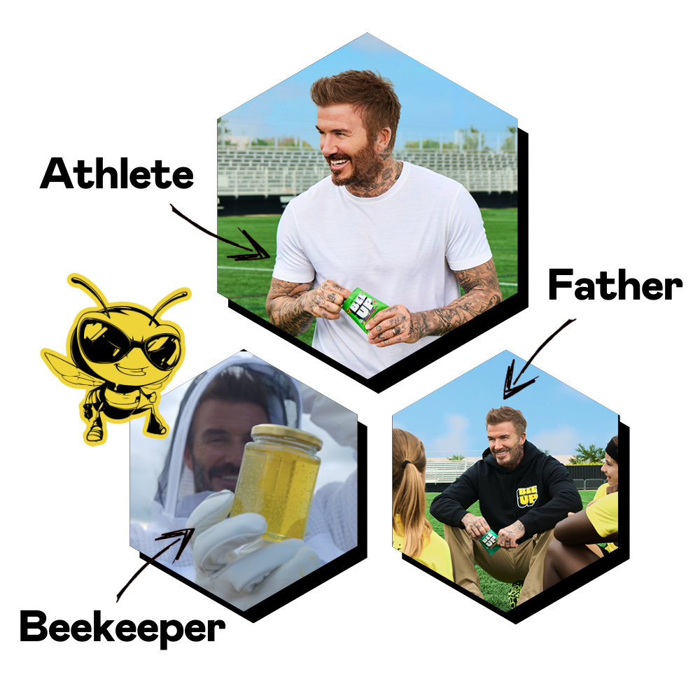 Three hexagonal photos: David Beckham as athlete holding beverage on soccer field, beekeeper in protective gear with honey jar, and David Beckham with children. Becks the bee mascot appears on the left. Blue sky background.