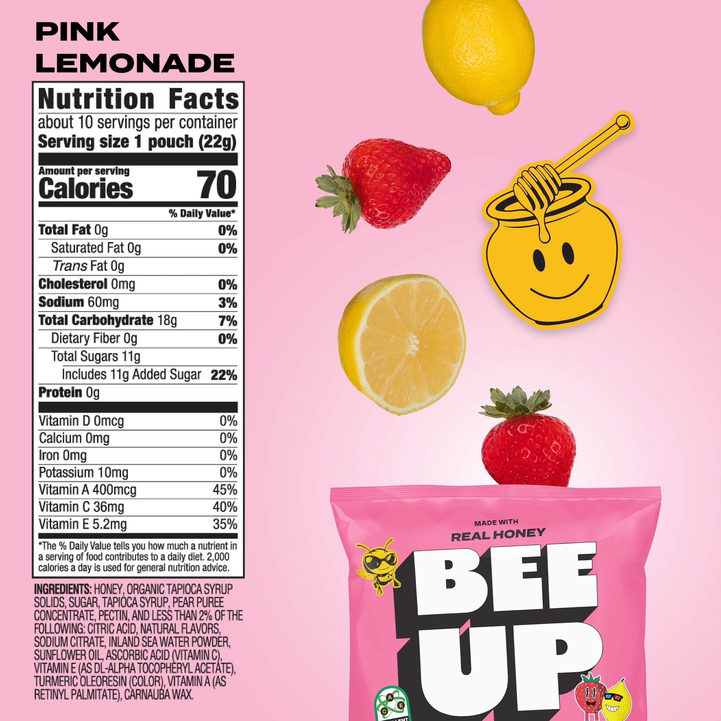 Pink lemonade nutrition facts label with ingredients, a smiley honey dipper, lemons, and strawberries on a pink background.