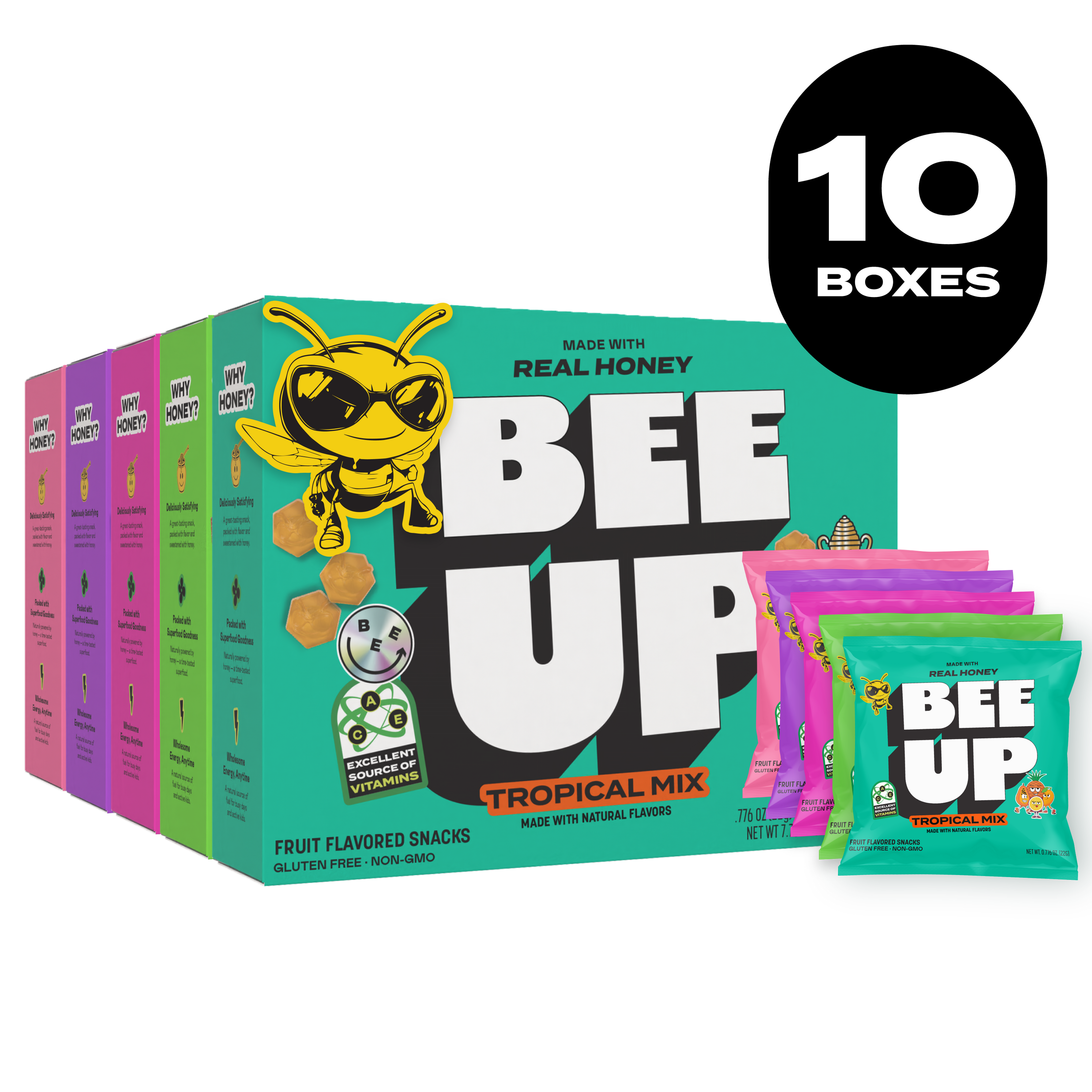 Black label with the text "10 BOXES" over a the five boxes of BEEUP honey fruit snacks along side their respective pouches. They list from left to right, a pink box of " Pink Lemonade", a purple box of "Sour Berry", a magenta box of "Very Berry", a green box of "Sour Watermelon", and a teal box of "Tropical Mix".