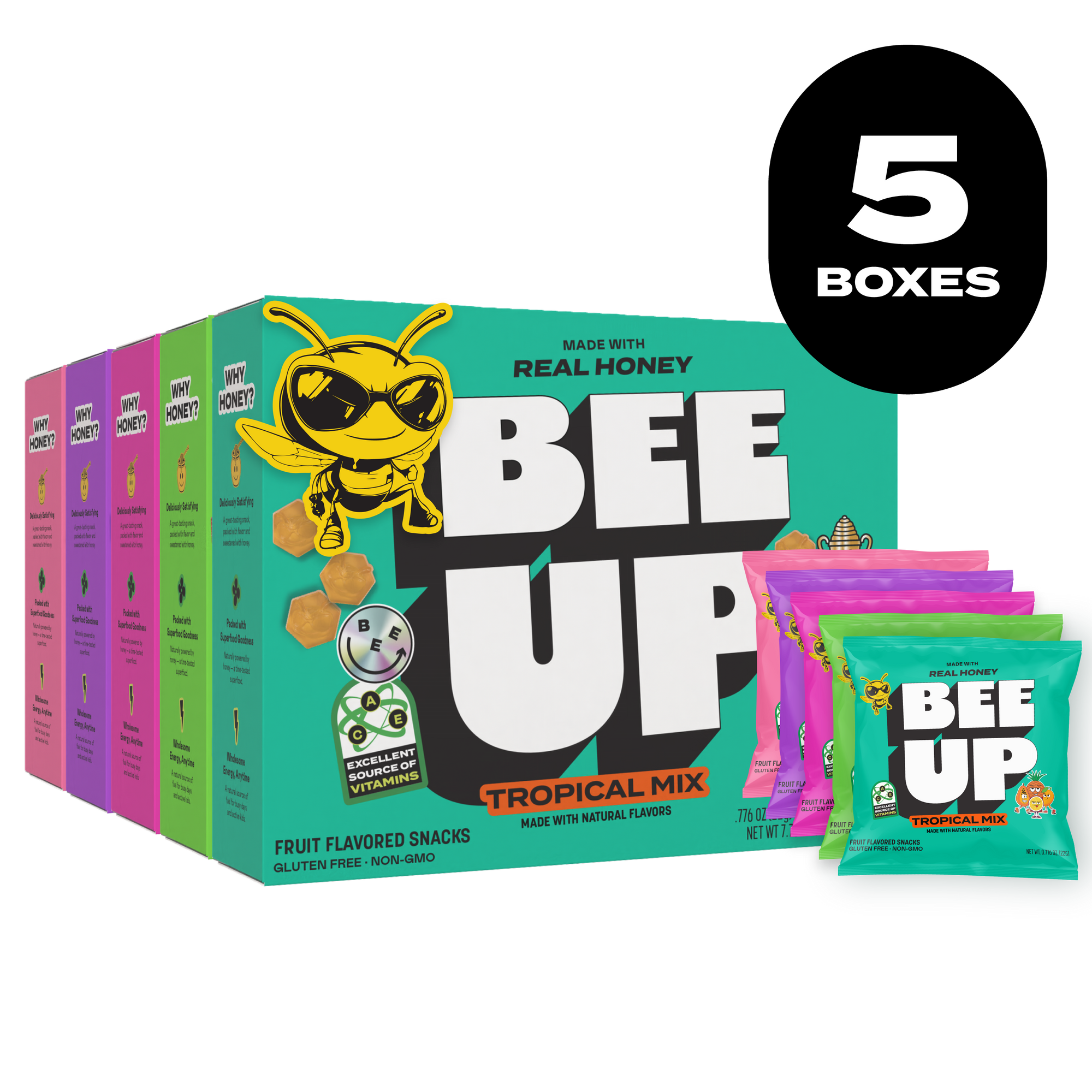 Black label with the text "5 BOXES" over a the five boxes of BEEUP honey fruit snacks along side their respective pouches. They list from left to right, a pink box of " Pink Lemonade", a purple box of "Sour Berry", a magenta box of "Very Berry", a green box of "Sour Watermelon", and a teal box of "Tropical Mix".