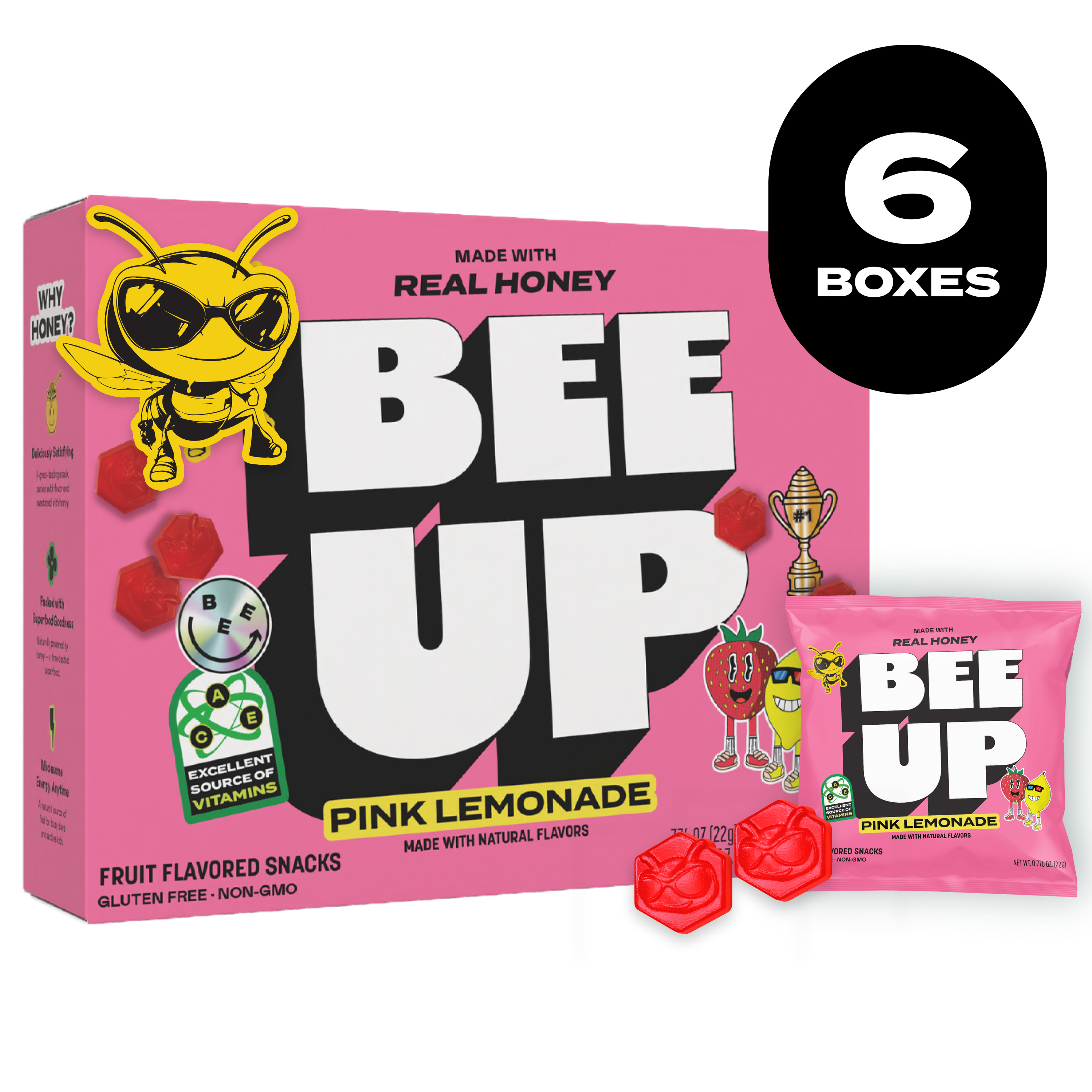 Black label with the text "6 Boxes". A pink box of "Pink Lemonade" BEEUP honey fruit snacks alongside its respective pouch and two red gummies with BECKS The Bee's face molded onto them.