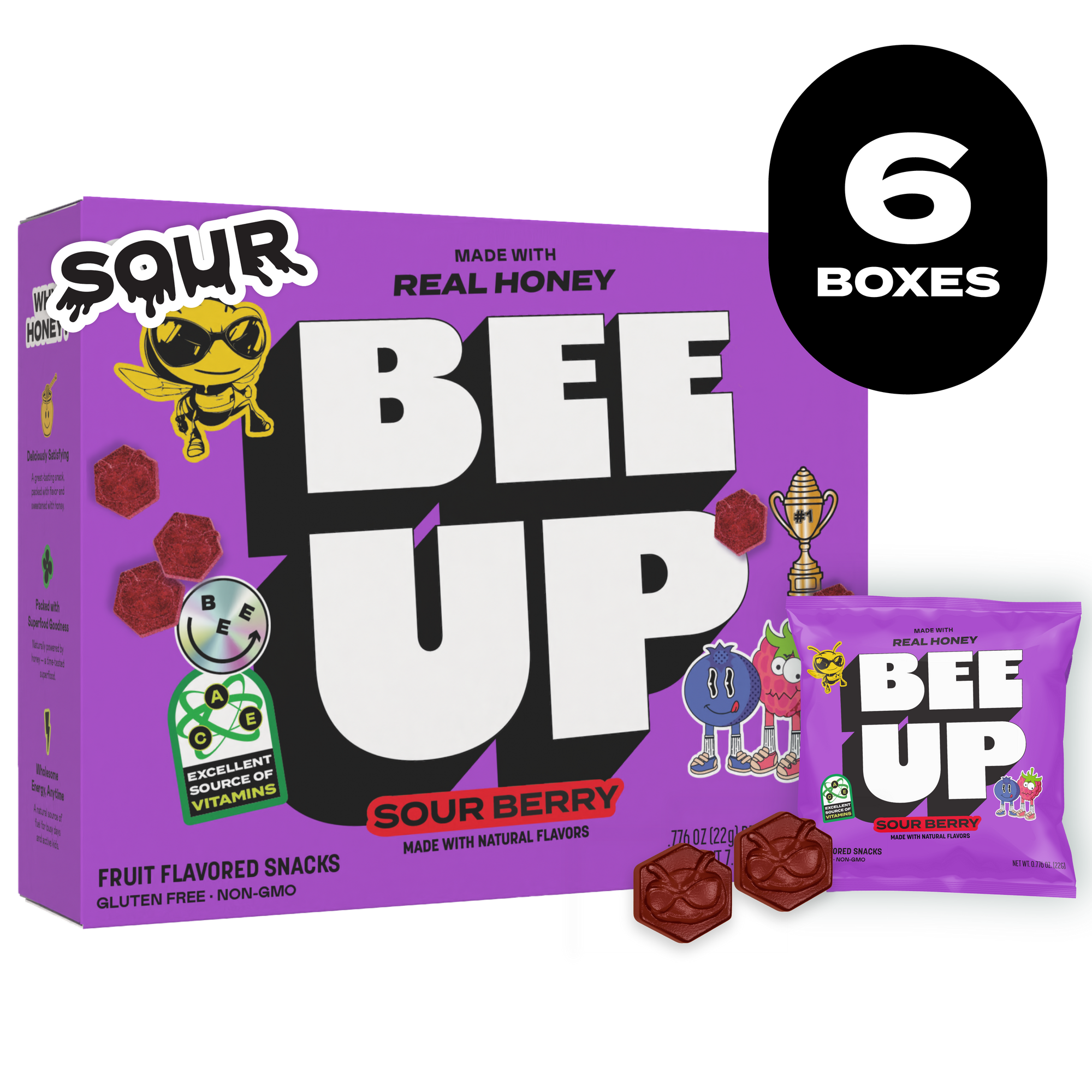 Black label with the text "6 BOXES". A purple box of "Sour Berry" BEEUP honey fruit snacks alongside its respective pouch and two purple gummies with BECKS the bee's face molded onto them.