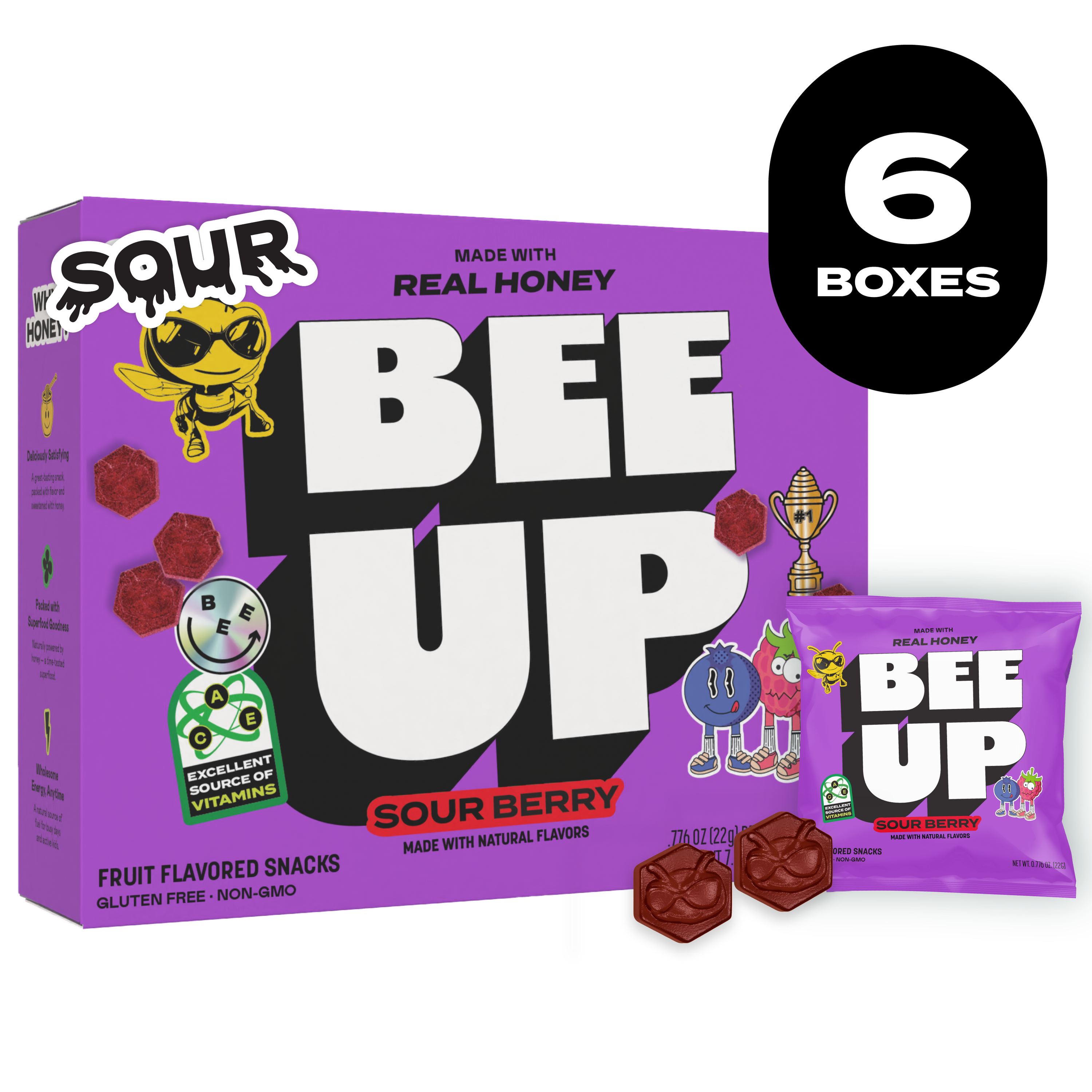 Black label with the text "6 BOXES". A purple box of "Sour Berry" BEEUP honey fruit snacks alongside its respective pouch and two purple gummies with BECKS the bee's face molded onto them.
