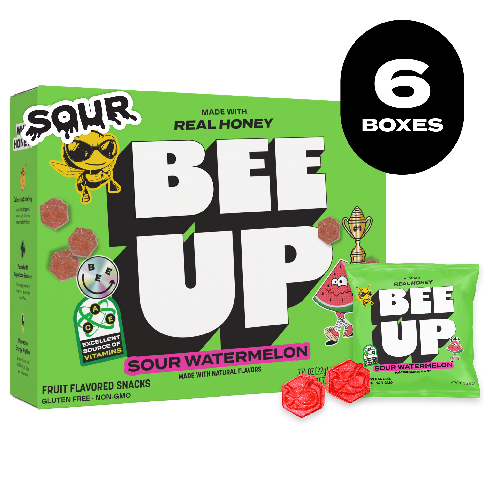 Black label with the text "6 BOXES". A green box of "Sour Watermelon" BEEUP honey fruit snacks alongside its respective pouch and 2 red gummies with BECKS the bee's face molded onto them.