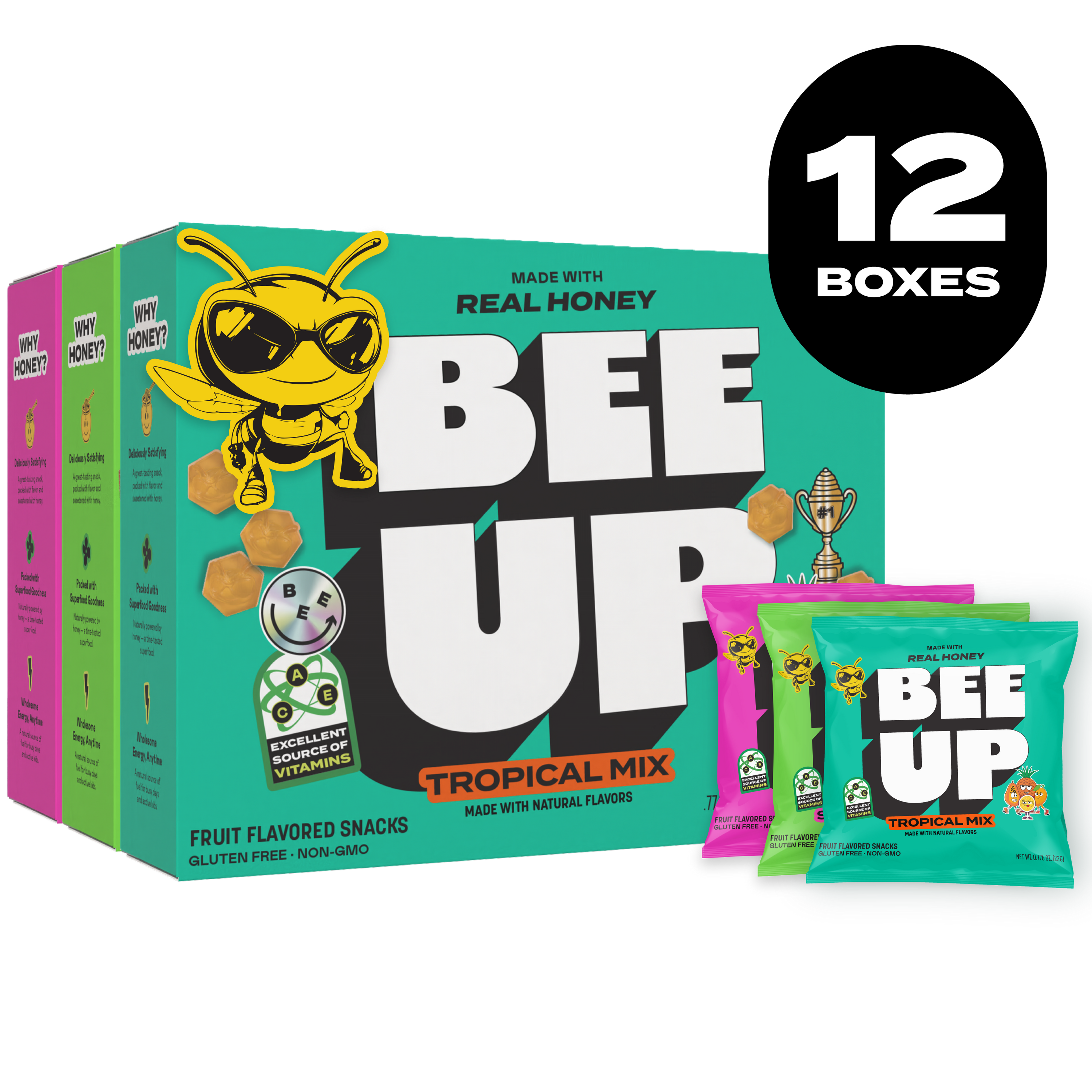 Black label with the text "12 BOXES". A variety of BEEUP honey fruit snack boxes, consisting of 3 flavors, along side their respective pouches. These flavors include Tropical Mix, Sour Watermelon, and Very Berry.