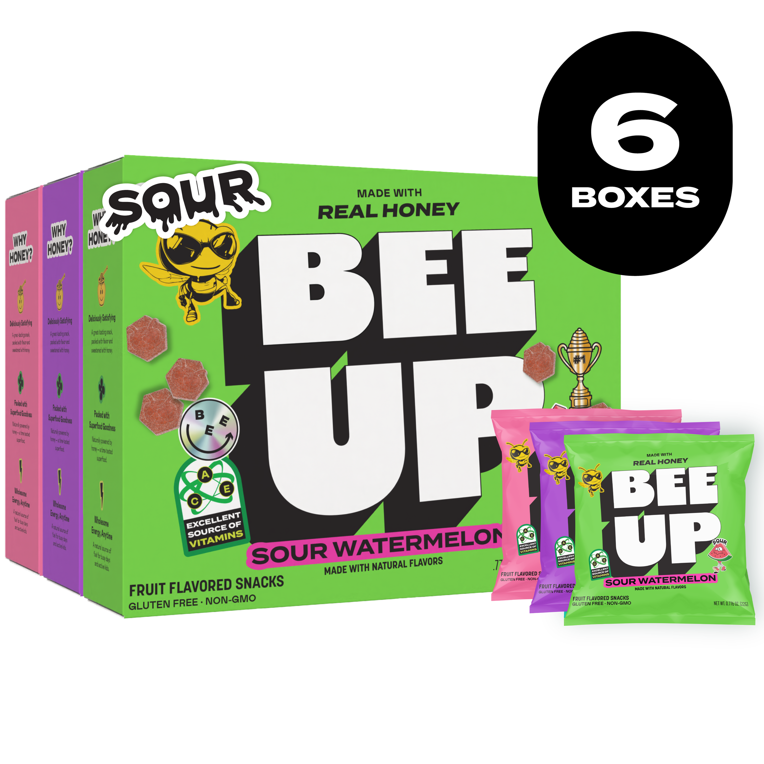 Black label with the text "6 BOXES" over a three boxes of BEEUP honey fruit snacks along side their respective pouches. They list from left to right, a pink box of " Pink Lemonade", a purple box of "Sour Berry", and a green box of "Sour Watermelon".