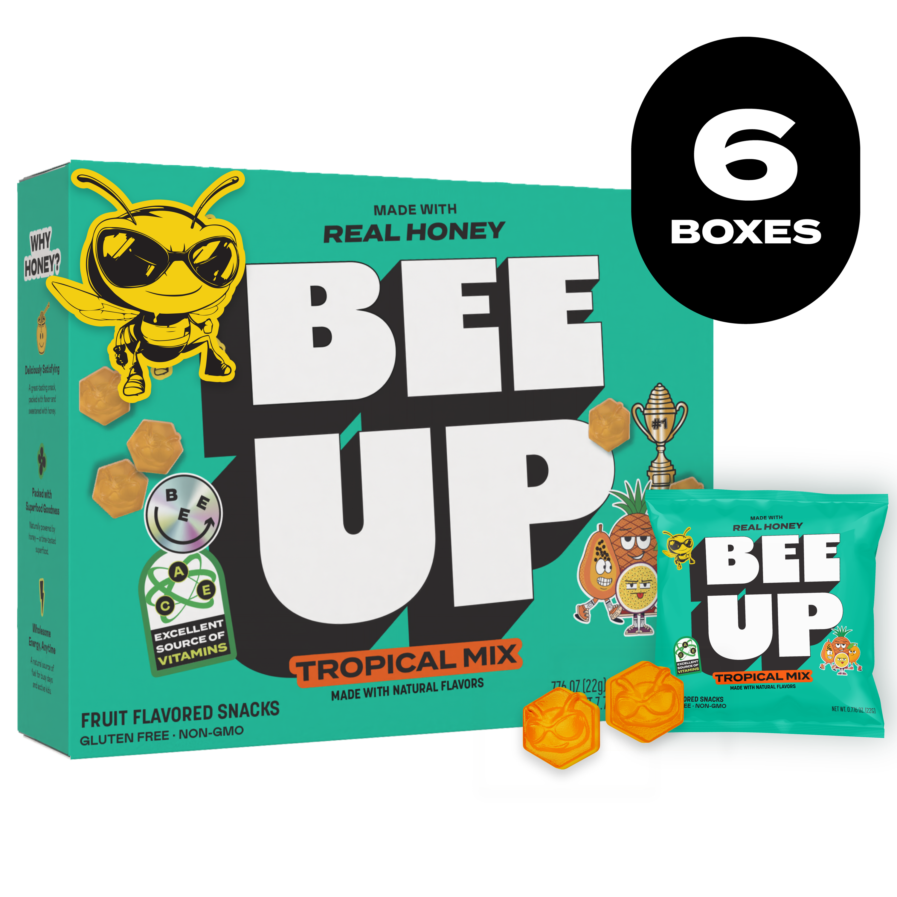 Black label with the text "6 BOXES". A teal box of "Tropical Mix" BEEUP honey fruit snacks alongside its respective pouch and two honey colored gummies with BECKS the bee's face molded onto them.