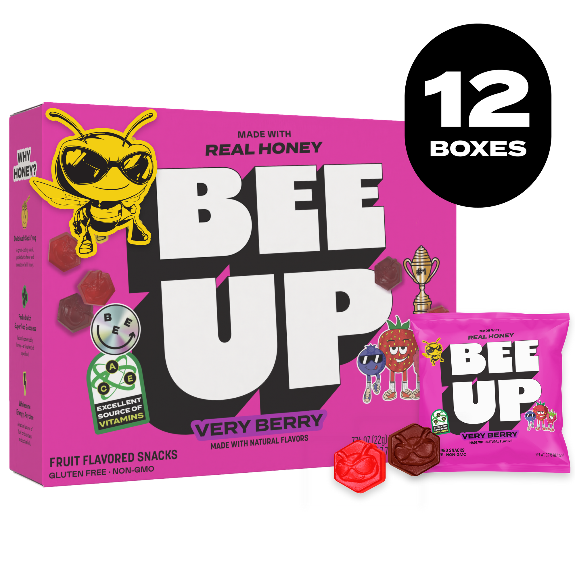 Black label with the text "12 BOXES". A pink box of "Pink Lemonade" BEEUP honey fruit snacks alongside its respective pouch and two red gummies with BECKS the bee's face molded onto them.