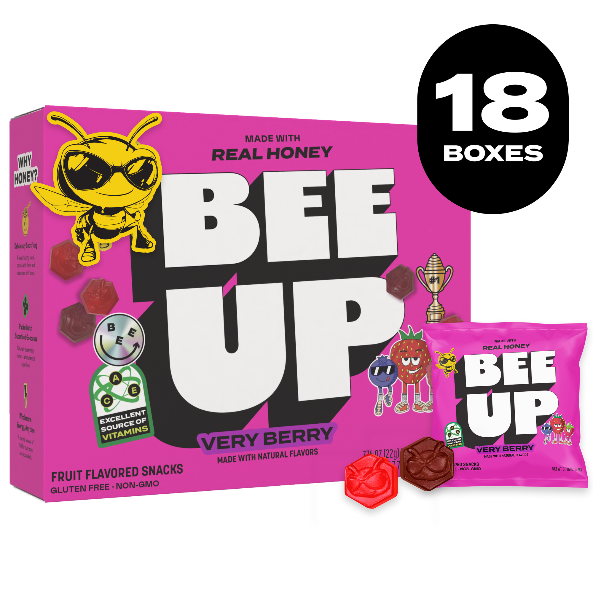 Black label with the text "18 BOXES". A pink box of "Pink Lemonade" BEEUP honey fruit snacks alongside its respective pouch and two red gummies with BECKS the bee's face molded onto them.
