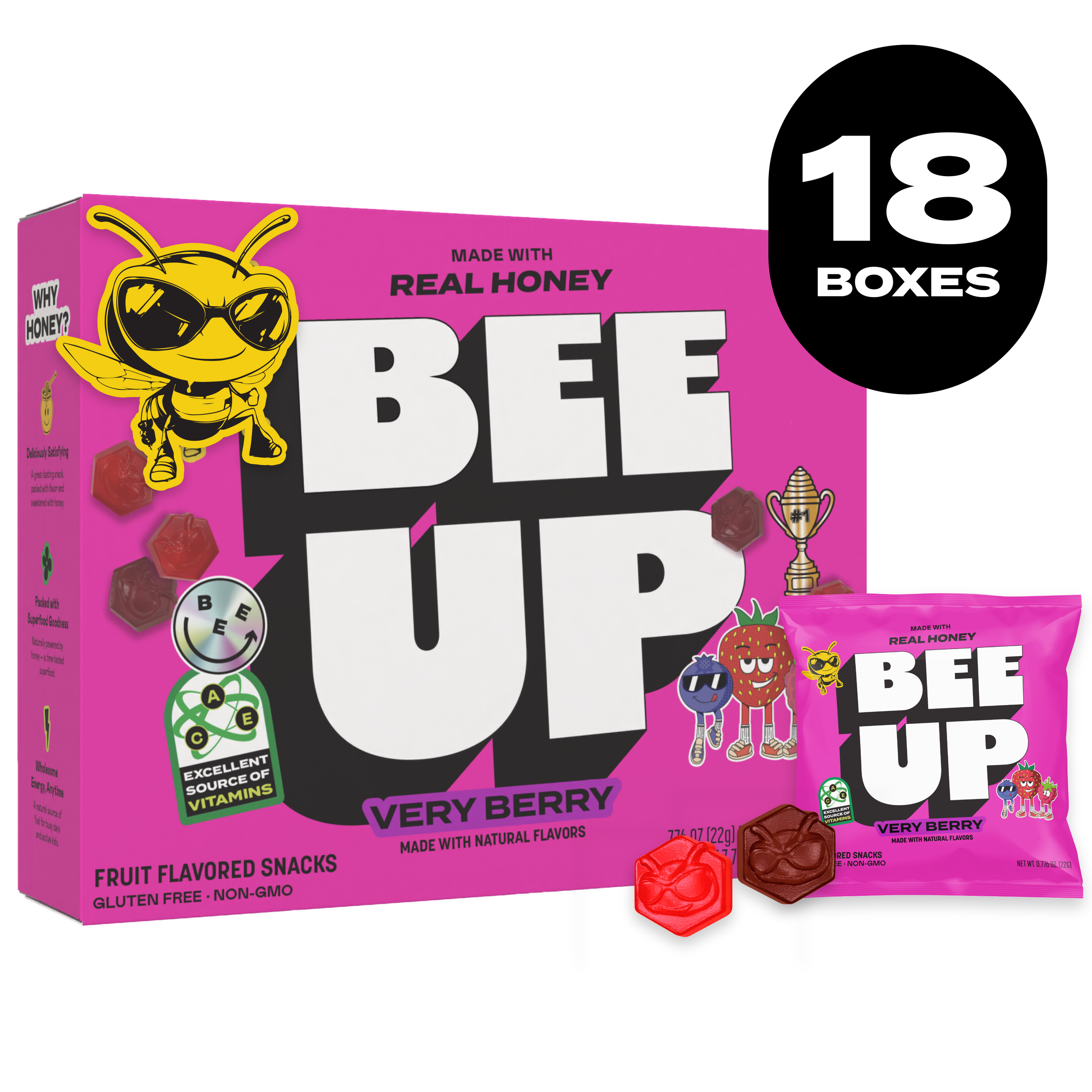 Black label with the text "18 BOXES". A pink box of "Pink Lemonade" BEEUP honey fruit snacks alongside its respective pouch and two red gummies with BECKS the bee's face molded onto them.