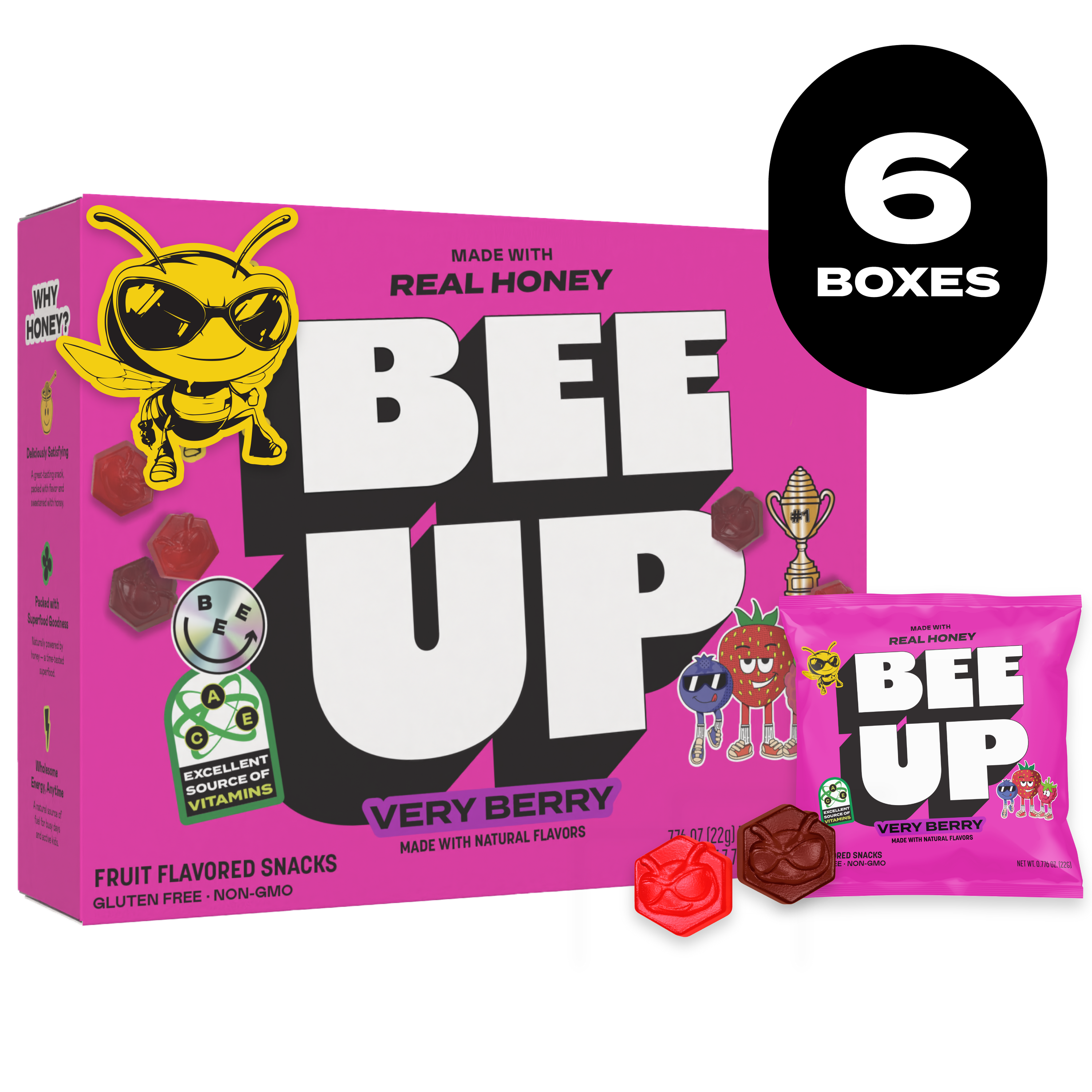 Black label with the text "6 BOXES". A pink box of "Pink Lemonade" BEEUP honey fruit snacks alongside its respective pouch and two red gummies with BECKS the bee's face molded onto them.