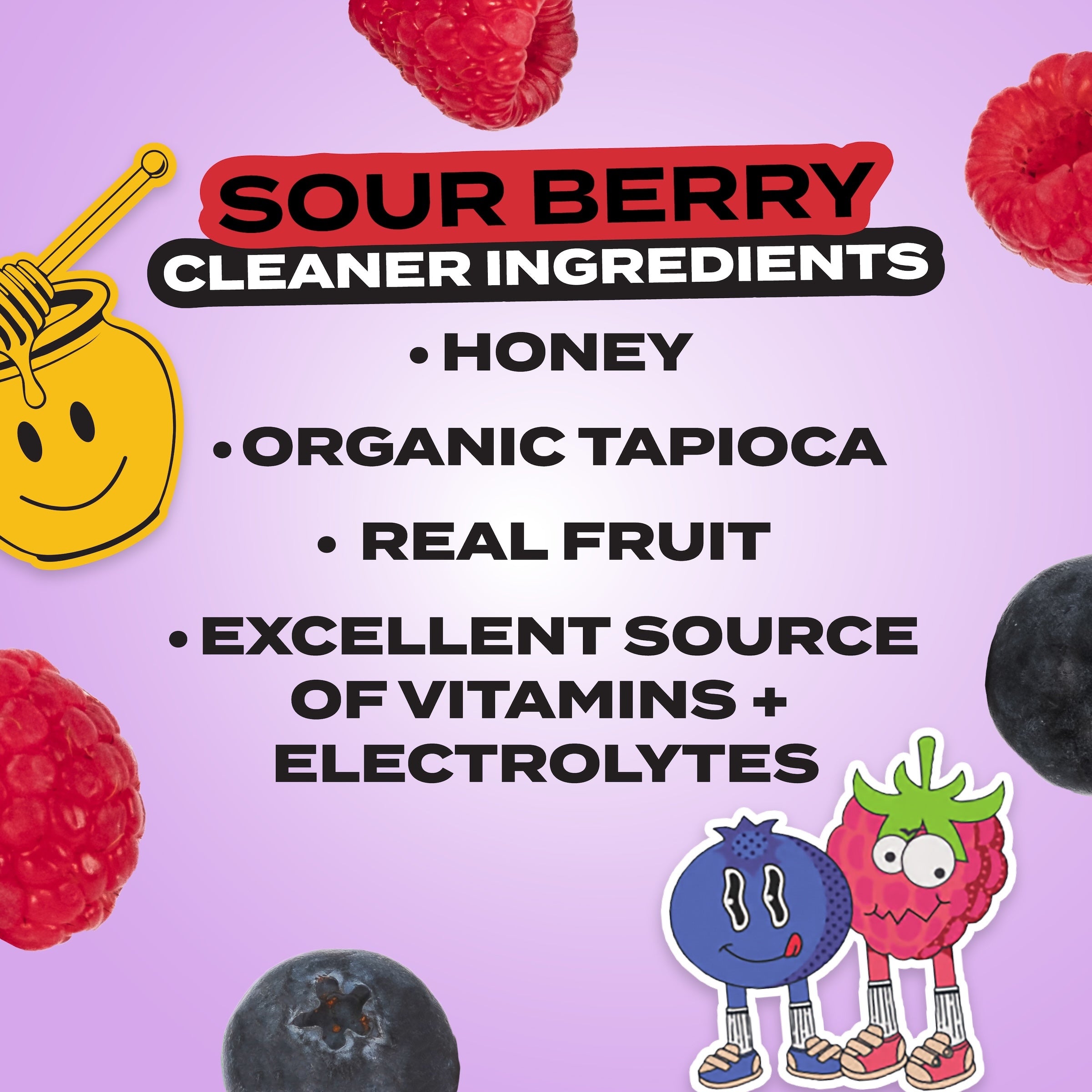Sour Berry cleaner ingredients list with honey, organic tapioca, real fruit, and vitamins on a purple background.