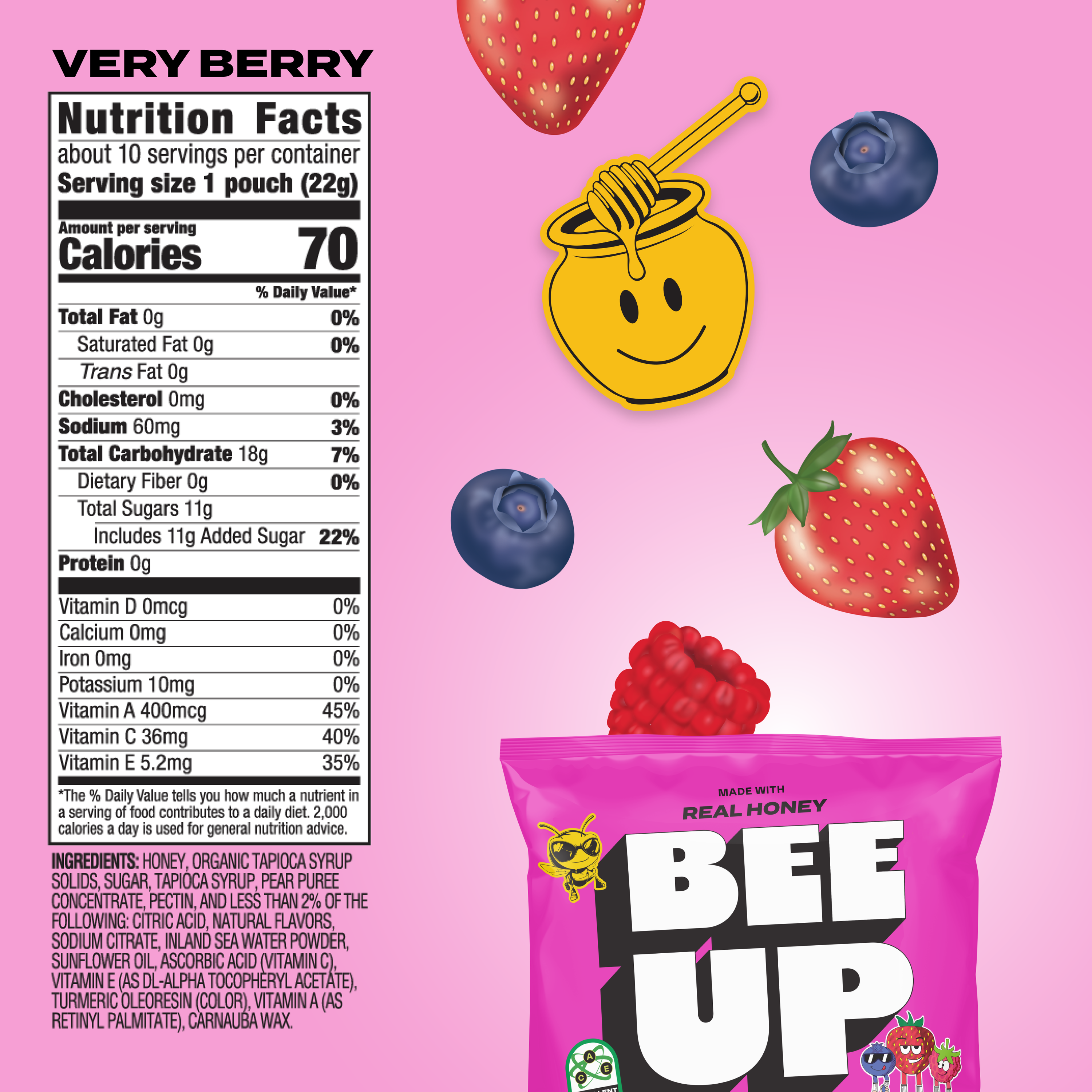 Product nutrition label and packaging with berries on pink background