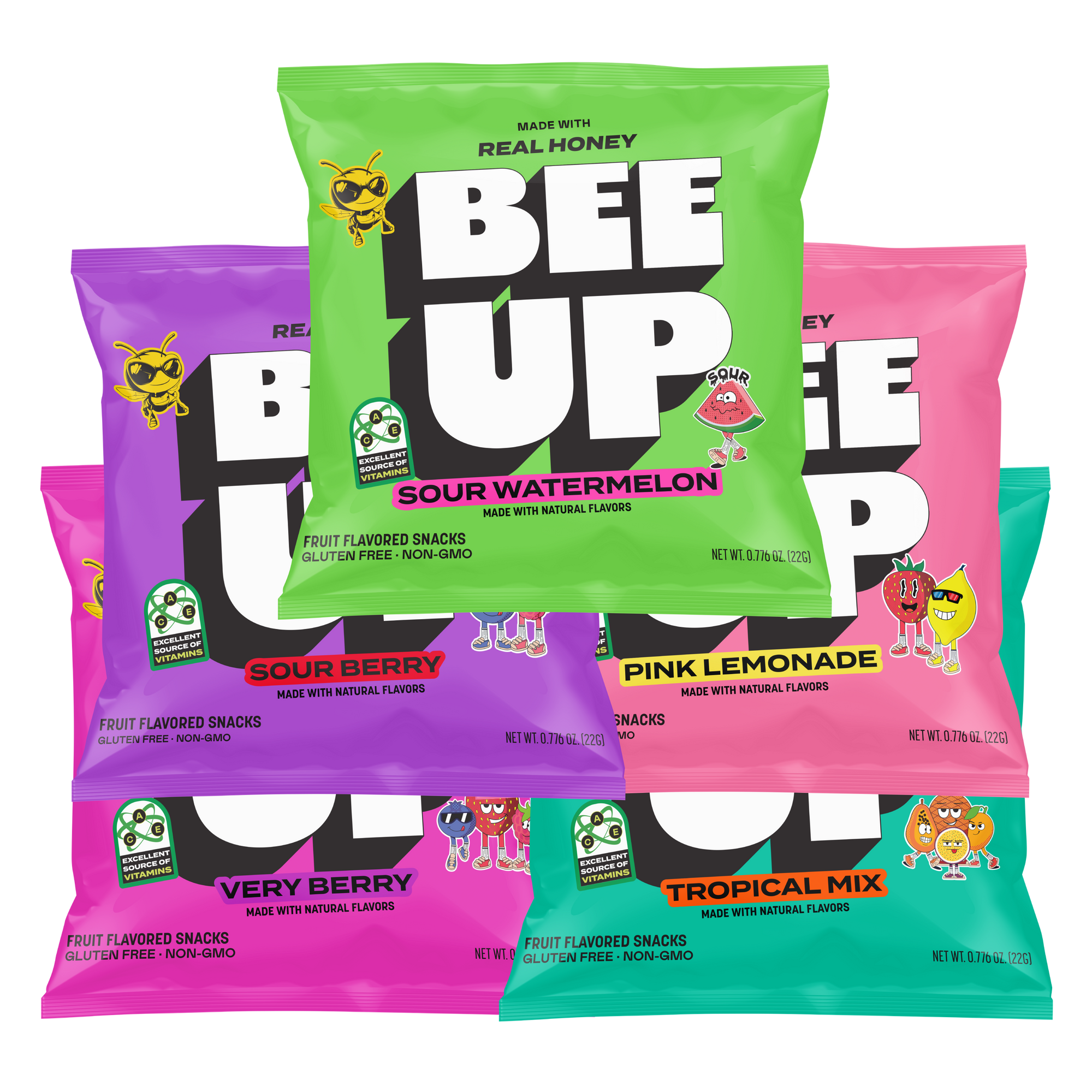 5 pouches of BEEUP honey fruit snacks. They list from top to bottom, a green pouch of "Sour Watermelon", a purple pouch of "Sour Berry", a pink pouch of "Pink Lemonade", a magenta pouch of "Very Berry"", and a teal pouch of "Tropical Mix".