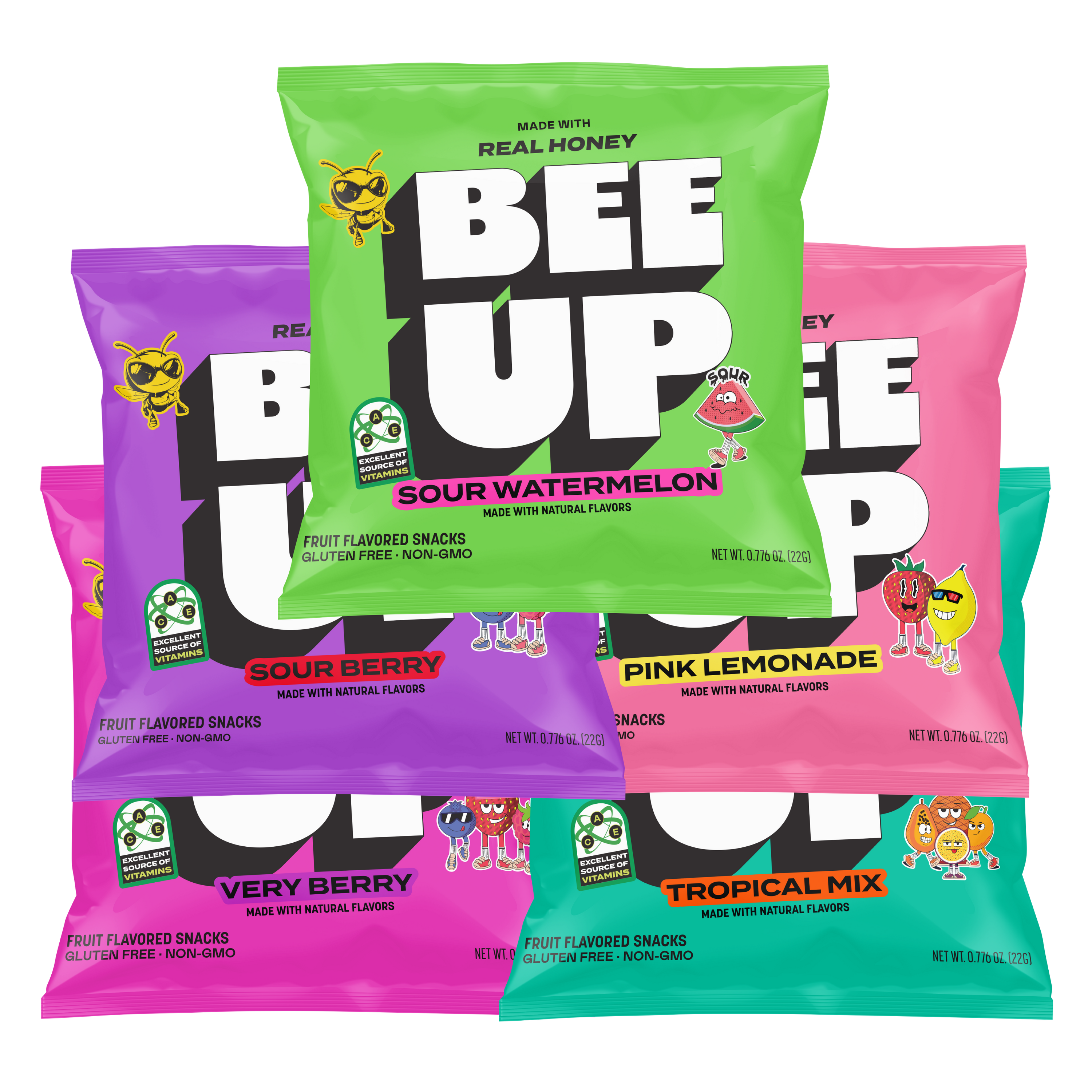 5 pouches of BEEUP honey fruit snacks. They list from top to bottom, a green pouch of "Sour Watermelon", a purple pouch of "Sour Berry", a pink pouch of "Pink Lemonade", a magenta pouch of "Very Berry"", and a teal pouch of "Tropical Mix".