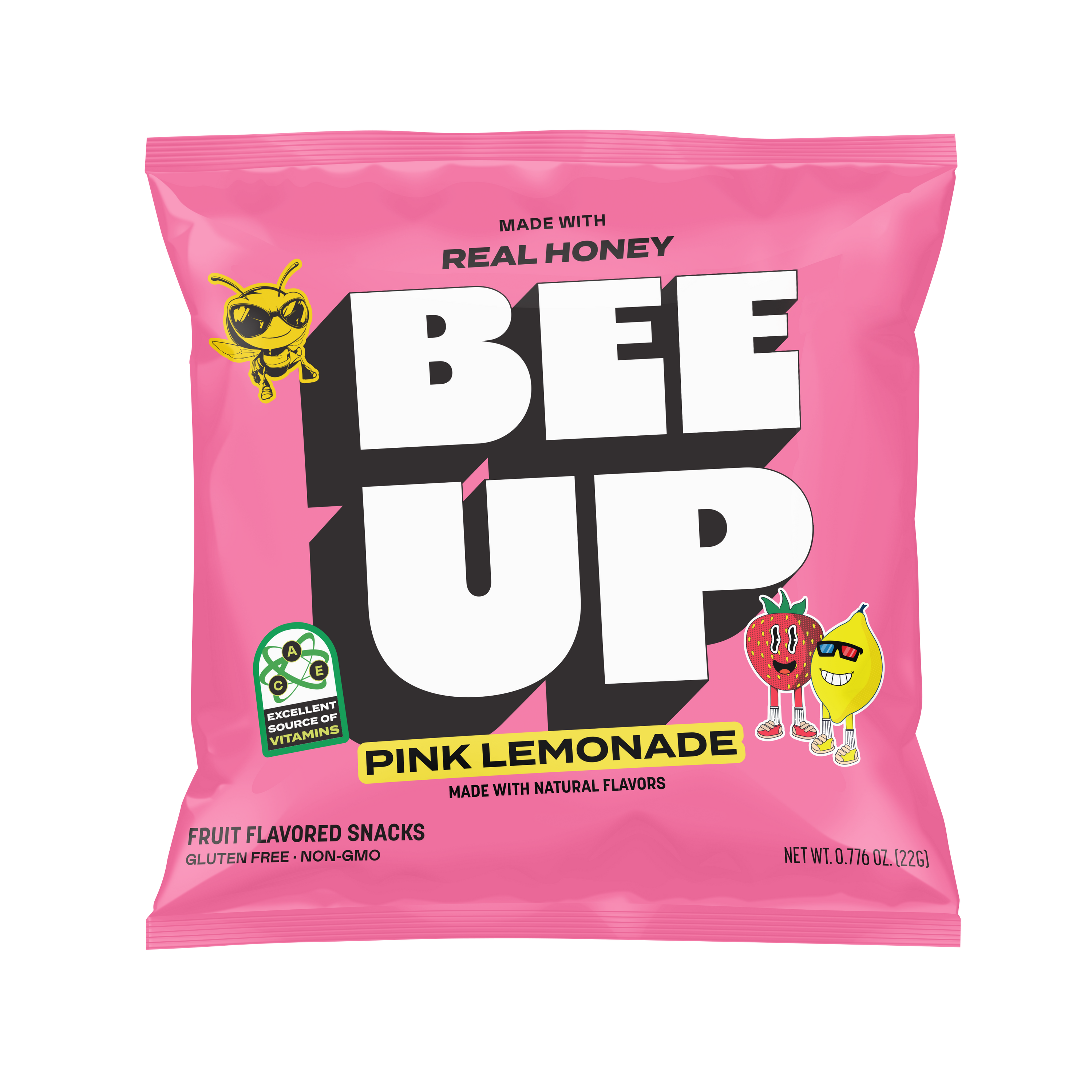 A pink pouch of "Pink Lemonade" BEEUP honey fruit snacks.

Pouch reads:
MADE WITH REAL HONEY
BEE UP
PINK LEMONADE
MADE WITH NATURAL FLAVORS
FRUIT FLAVORED SNACKS
GLUTEN FREE · NON-GMO
NET WT. 0.77b OZ. (22G)
[Green badge on left side]: EXCELLENT SOURCE OF VITAMINS
[Design elements: BECKS the Bee on upper left, cartoon strawberry and lemon characters on lower right]