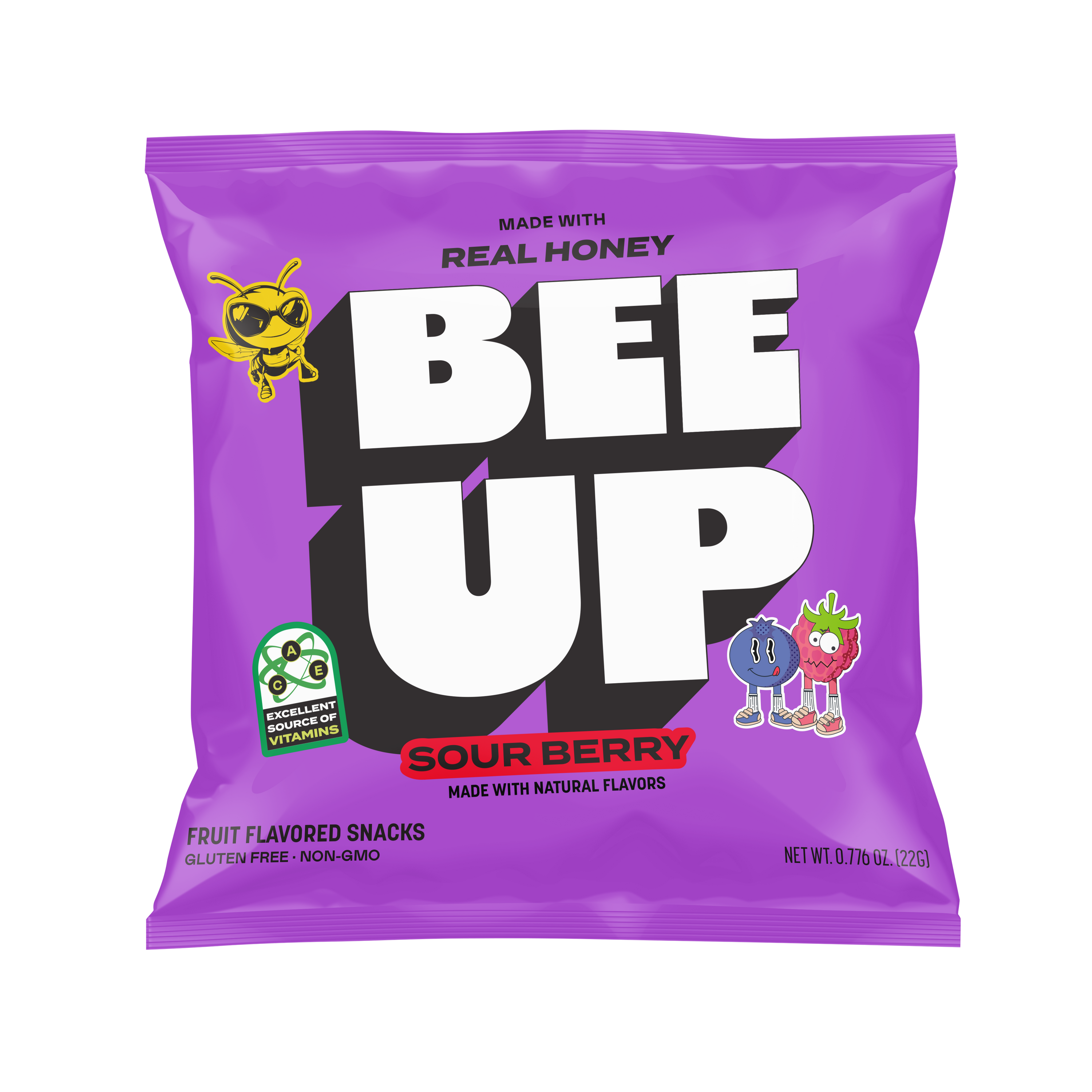 A purple pouch of "Sour Berry" BEEUP honey fruit snacks.

Pouch reads:
MADE WITH REAL HONEY
BEE UP
SOUR BERRY
MADE WITH NATURAL FLAVORS
FRUIT FLAVORED SNACKS
GLUTEN FREE · NON-GMO
NET WT. 0.77b OZ. (22G)
[Green badge on left side]: EXCELLENT SOURCE OF VITAMINS
[Design elements: BECKS the Bee on upper left, cartoon blueberry and raspberry characters on lower right]