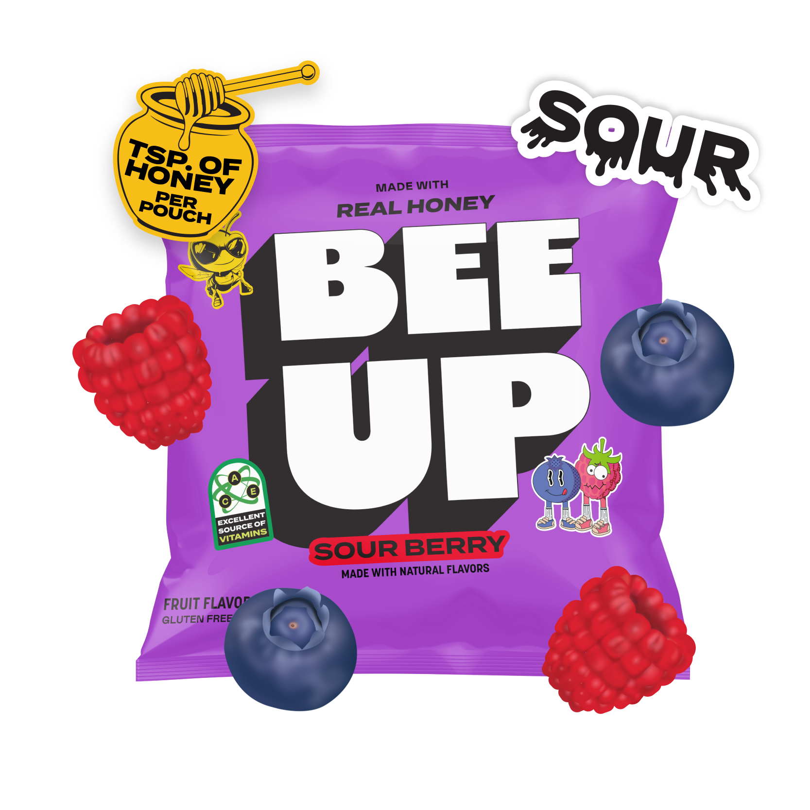 A purple pouch of "Sour Berry" BEEUP honey fruit snacks surrounded by raspberries, blueberries, a "SOUR" sticker and a honey jar & dipper sticker