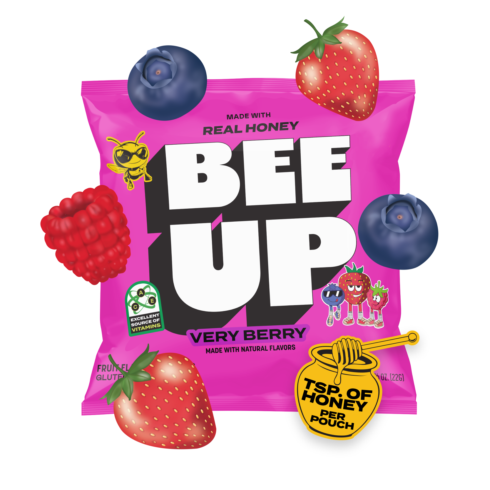A magenta pouch of "Very Berry" BEEUP  honey fruit snacks surrounded by blueberries, strawberries, raspberries and a honey jar & dipper sticker