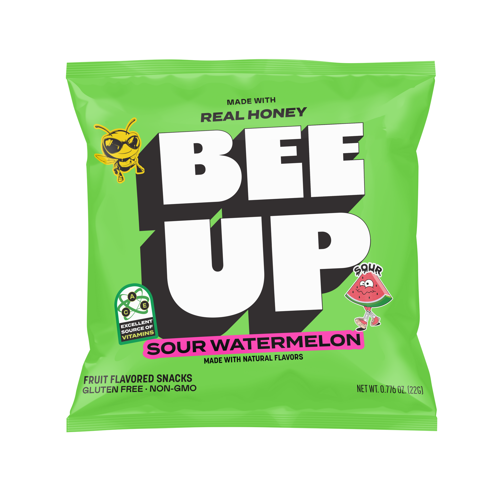 A green pouch of "Sour Watermelon" BEEUP honey fruit snacks.

Pouch reads:
MADE WITH REAL HONEY
BEE UP
SOUR WATERMELON
MADE WITH NATURAL FLAVORS
FRUIT FLAVORED SNACKS
GLUTEN FREE · NON-GMO
NET WT. 0.77b OZ. (22G)
[Green badge on left side]: EXCELLENT SOURCE OF VITAMINS
[Design elements: BECKS the Bee on upper left, cartoon sour watermelon character on lower right]