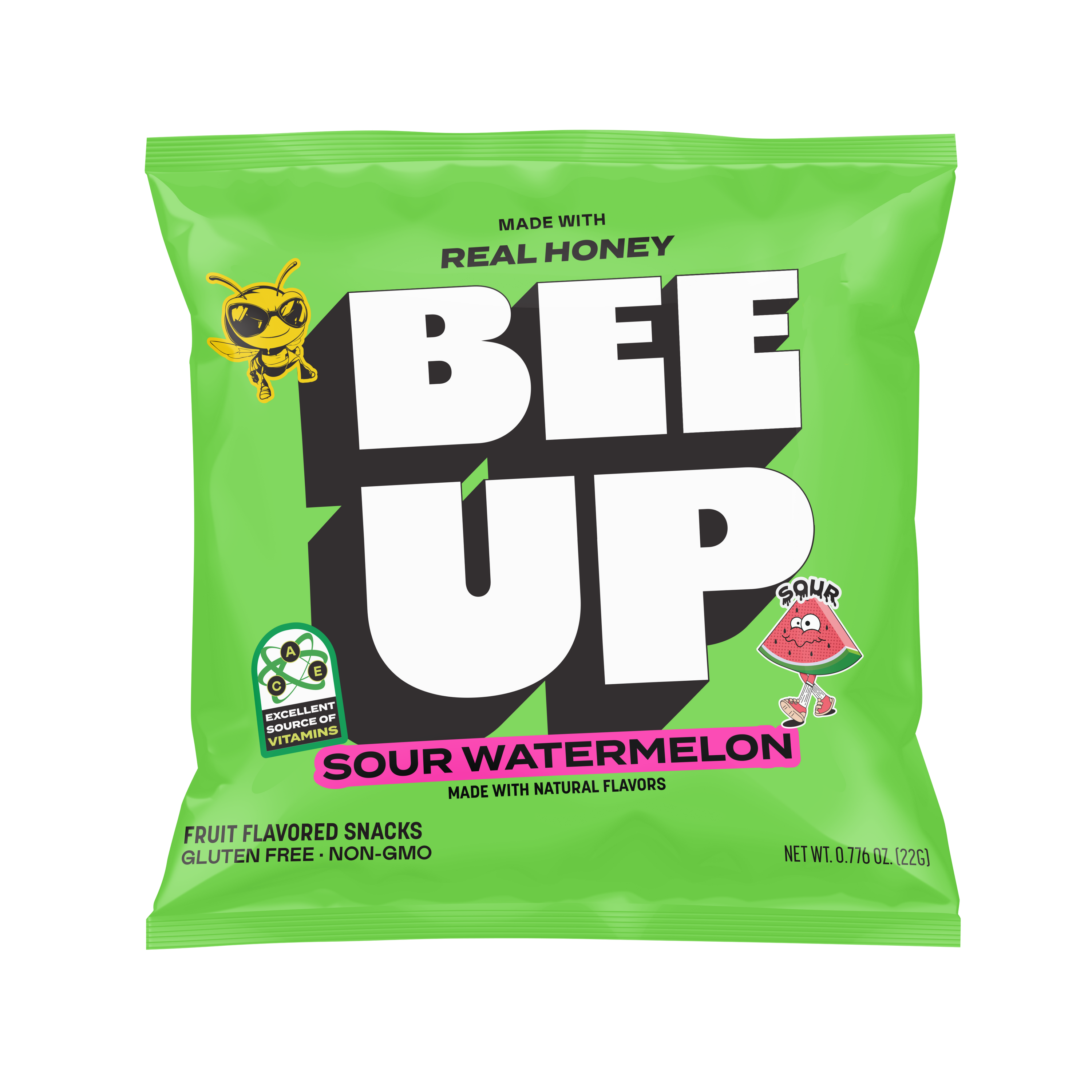 A green pouch of "Sour Watermelon" BEEUP honey fruit snacks.

Pouch reads:
MADE WITH REAL HONEY
BEE UP
SOUR WATERMELON
MADE WITH NATURAL FLAVORS
FRUIT FLAVORED SNACKS
GLUTEN FREE · NON-GMO
NET WT. 0.77b OZ. (22G)
[Green badge on left side]: EXCELLENT SOURCE OF VITAMINS
[Design elements: BECKS the Bee on upper left, cartoon sour watermelon character on lower right]