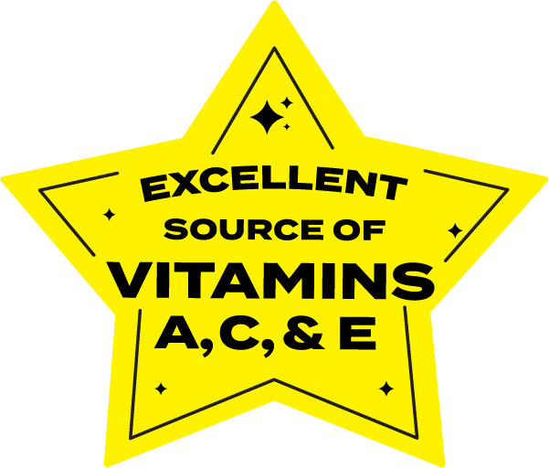 A yellow, star-shaped sicker that says "EXCELLENT SOURCE OF VITAMINS A, C, & E" in black text