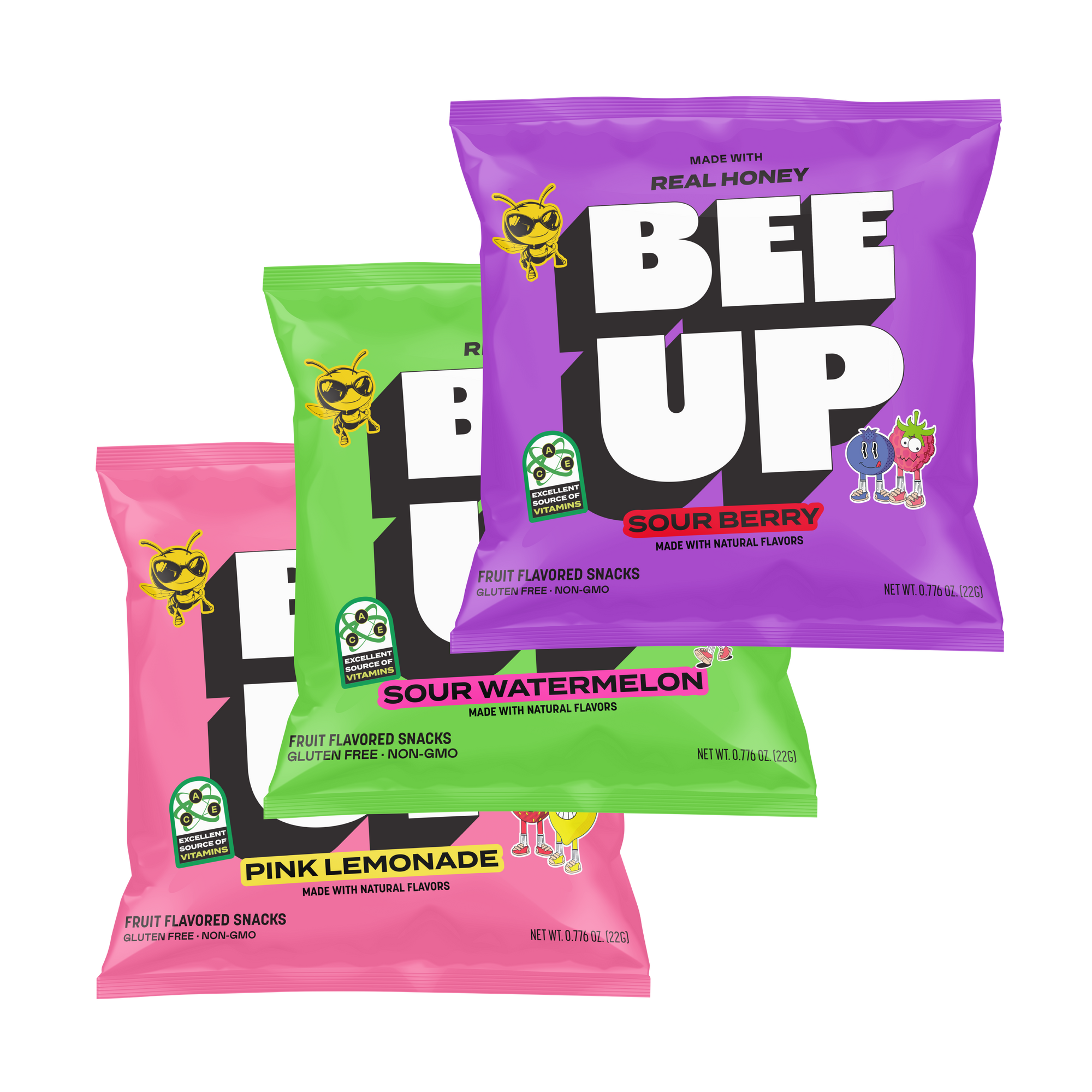 3 pouches of BEEUP honey fruit snacks. They list from top to bottom, a purple pouch of "Sour Berry", a green pouch of "Sour Watermelon", and a pink pouch of "Pink Lemonade".