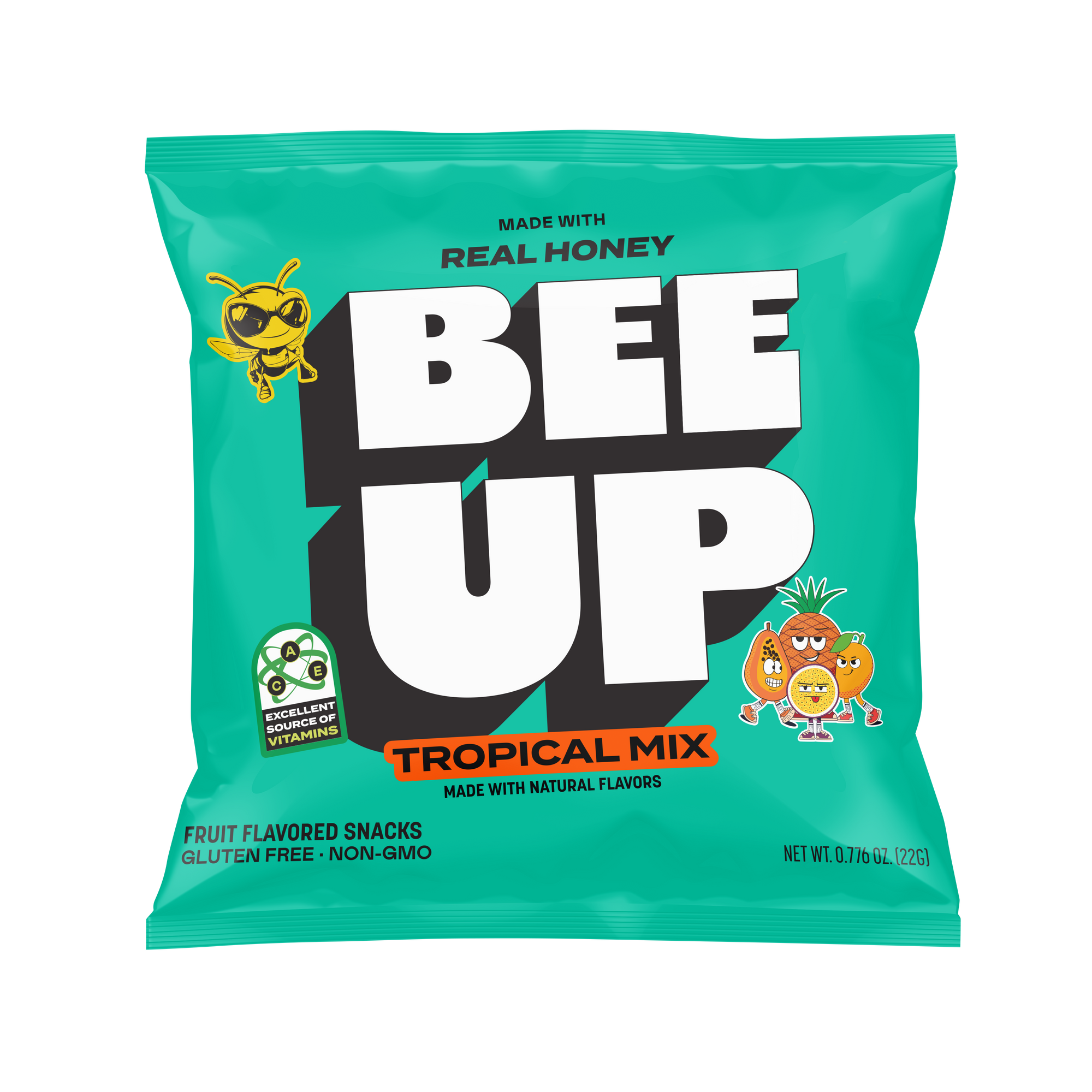 A teal pouch of "Tropical Mix" BEEUP honey fruit snacks.

Pouch reads:
MADE WITH REAL HONEY
BEE UP
Tropical Mix
MADE WITH NATURAL FLAVORS
FRUIT FLAVORED SNACKS
GLUTEN FREE · NON-GMO
NET WT. 0.77b OZ. (22G)
[Green badge on left side]: EXCELLENT SOURCE OF VITAMINS
[Design elements: BECKS the Bee on upper left, cartoon papaya, pineapple, mango, passionfruit characters on lower right]