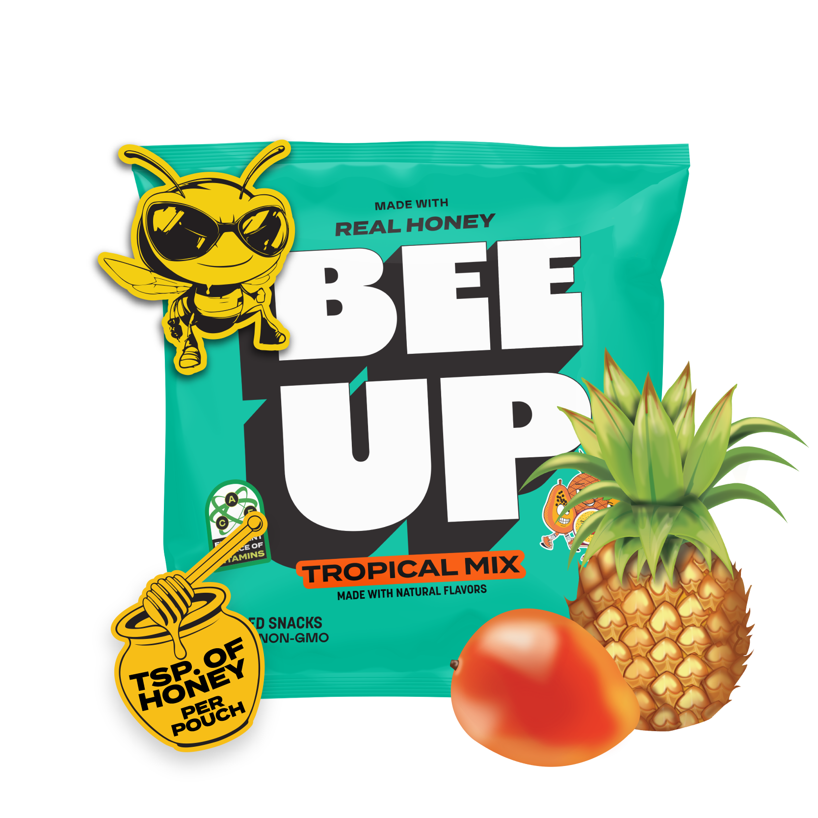 A teal pouch of "Tropical Mix" BEEUP honey fruit snacks surrounded by a pineapple, mango, passionfruit, papaya, and a honey jar & dipper sticker