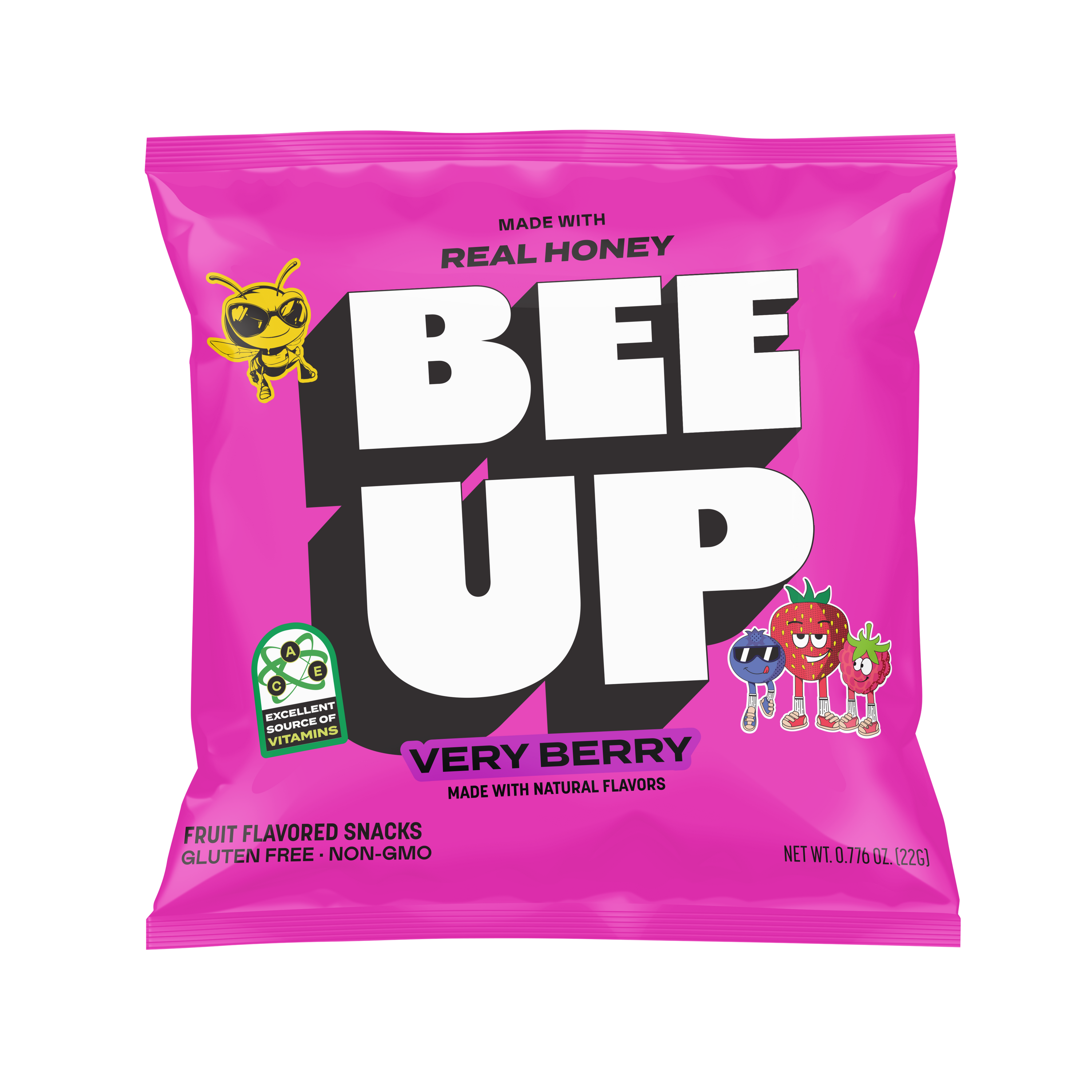 A magenta pouch of "Very Berry" BEEUP honey fruit snacks.

Pouch reads:
MADE WITH REAL HONEY
BEE UP
VERY BERRY
MADE WITH NATURAL FLAVORS
FRUIT FLAVORED SNACKS
GLUTEN FREE · NON-GMO
NET WT. 0.77b OZ. (22G)
[Green badge on left side]: EXCELLENT SOURCE OF VITAMINS
[Design elements: BECKS the Bee on upper left, cartoon blueberry, strawberry, and raspberry characters on lower right]