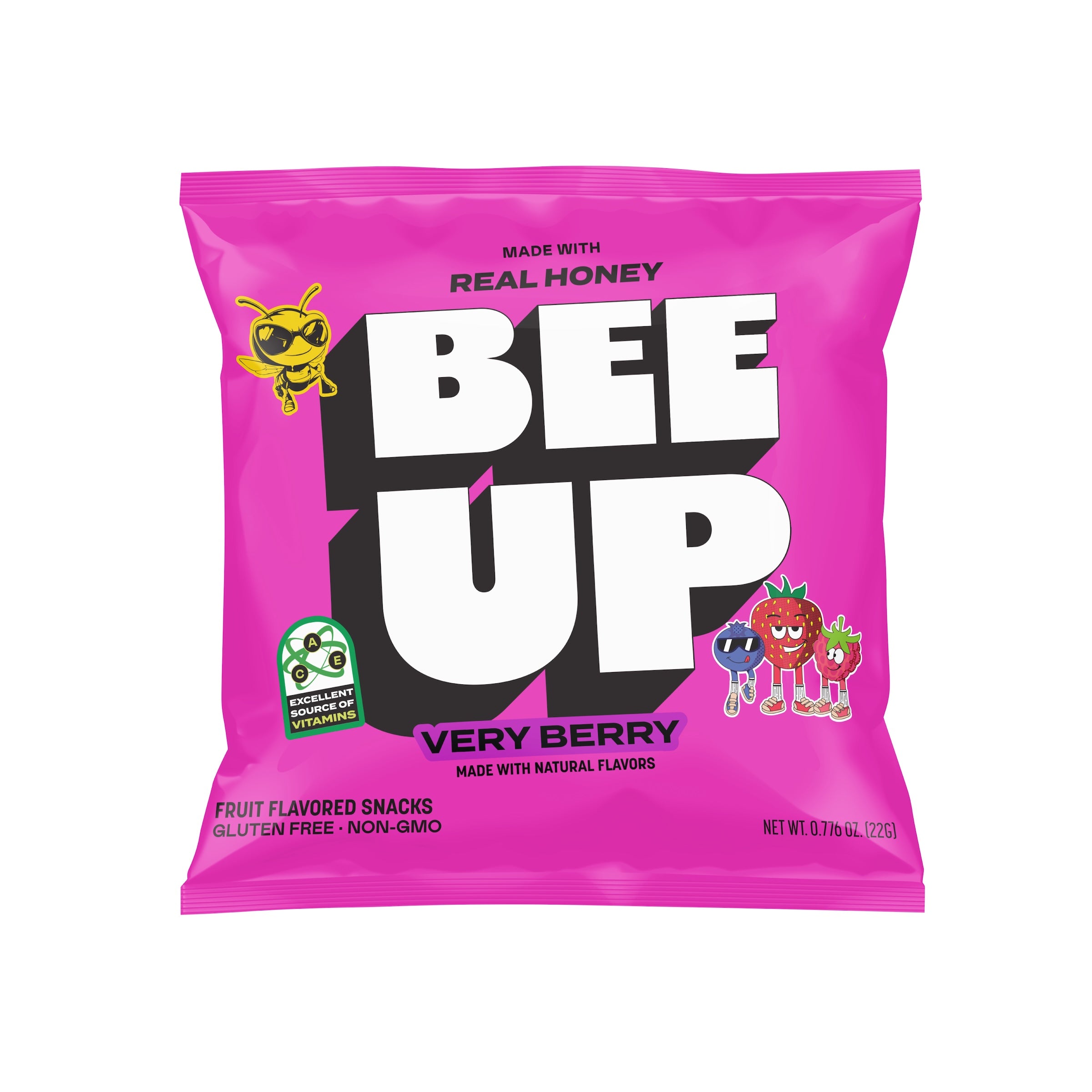 A magenta pouch of "Very Berry" BEEUP honey fruit snacks.

Pouch reads:
MADE WITH REAL HONEY
BEE UP
VERY BERRY
MADE WITH NATURAL FLAVORS
FRUIT FLAVORED SNACKS
GLUTEN FREE · NON-GMO
NET WT. 0.77b OZ. (22G)
[Green badge on left side]: EXCELLENT SOURCE OF VITAMINS
[Design elements: BECKS the Bee on upper left, cartoon blueberry, strawberry, and raspberry characters on lower right]